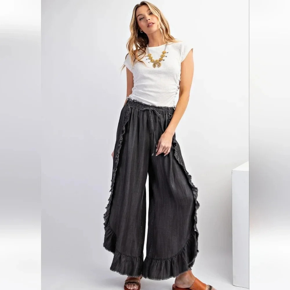 New Easel Black Ruffle Chambray Relaxed Fit Pants - Picture 1 of 6